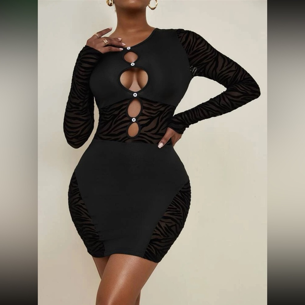 NEW Black Cut Out Button Detail Mesh Panel Bodycon Dress Size Large